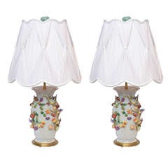 Pair of Jacob Petite Applied Fruits and Flowers, Porcelain Vase Lamps