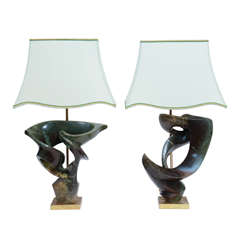 Pair of Carved Abstract Shona Green Opal Sculpture Lamps