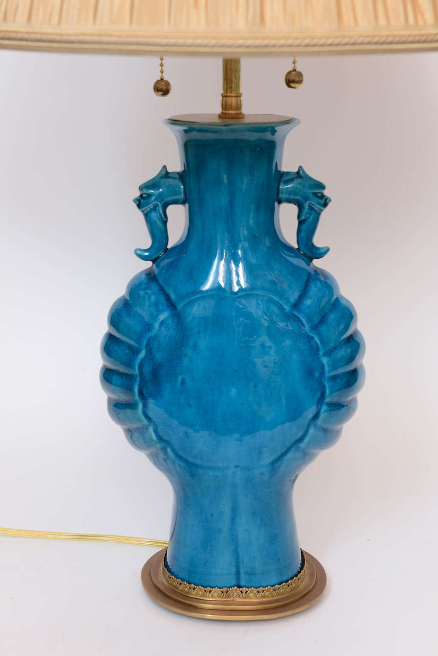 Pair of Chinese Porcelain Turquoise Glazed Lamps, 19th Century In Excellent Condition In Palm Beach, FL