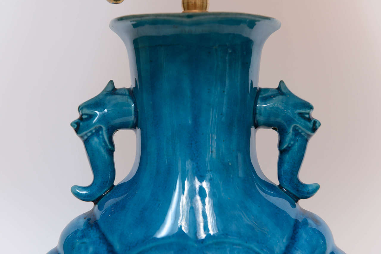 Pair of Chinese Porcelain Turquoise Glazed Lamps, 19th Century 1