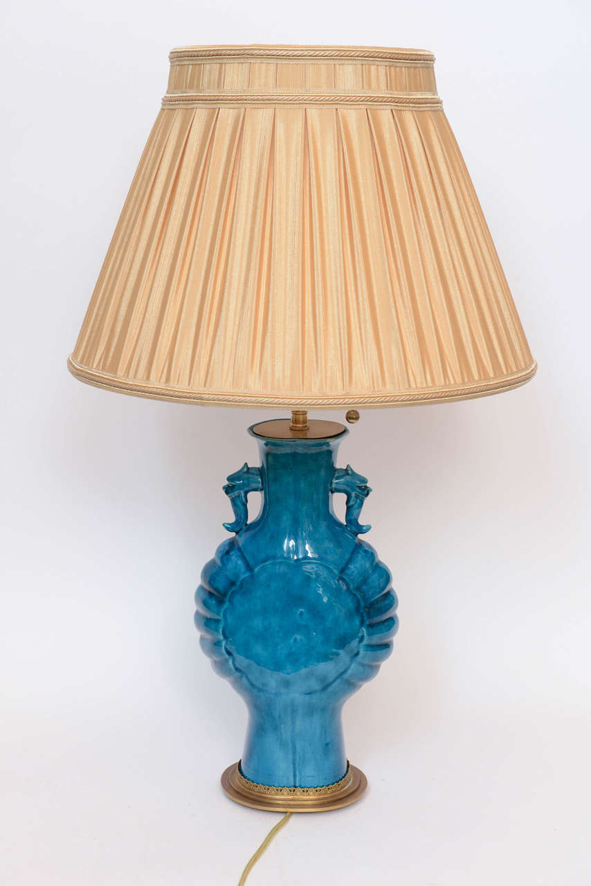 Pair of Chinese Porcelain Turquoise Glazed Lamps, 19th Century 3