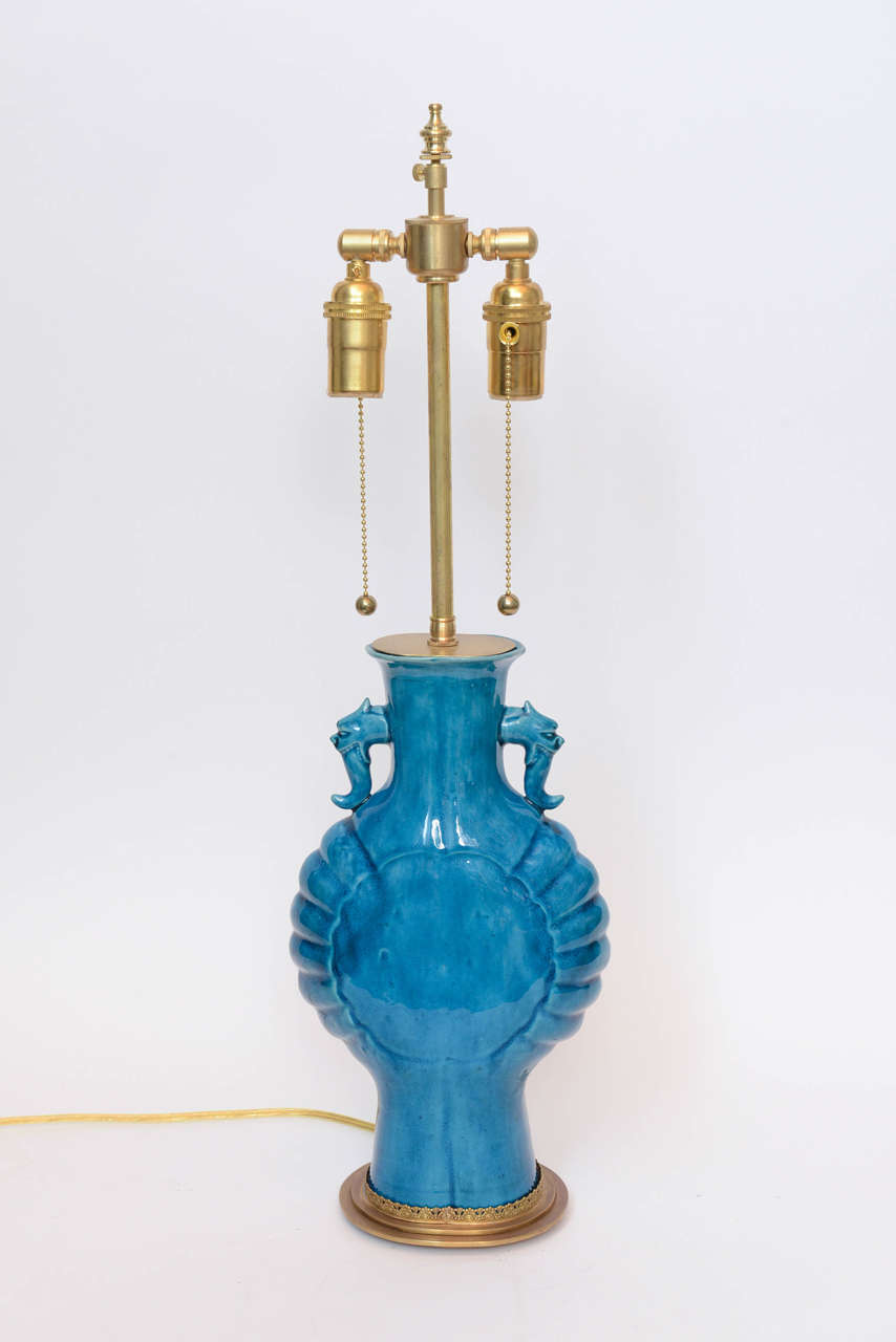 Pair of Chinese Porcelain Turquoise Glazed Lamps, 19th Century 4