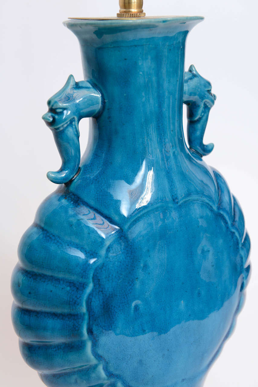 Pair of Chinese Porcelain Turquoise Glazed Lamps, 19th Century 6