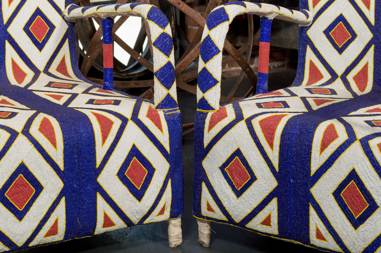Nigerian Pair of Beaded West African Chairs