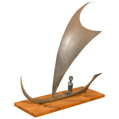 Art Deco Bronze and Wood Sail Boat Sculpture by Karl Hagenauer