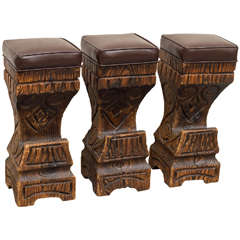 Three 1970s Witco Carved Tiki Bar Stools with Leather Seats