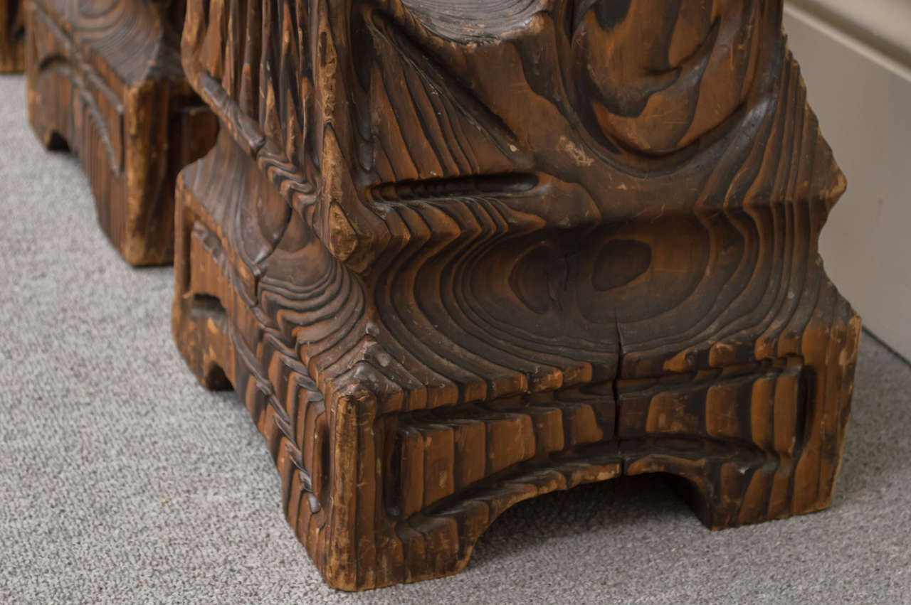 Three 1970s Witco Carved Tiki Bar Stools with Leather Seats at 1stDibs