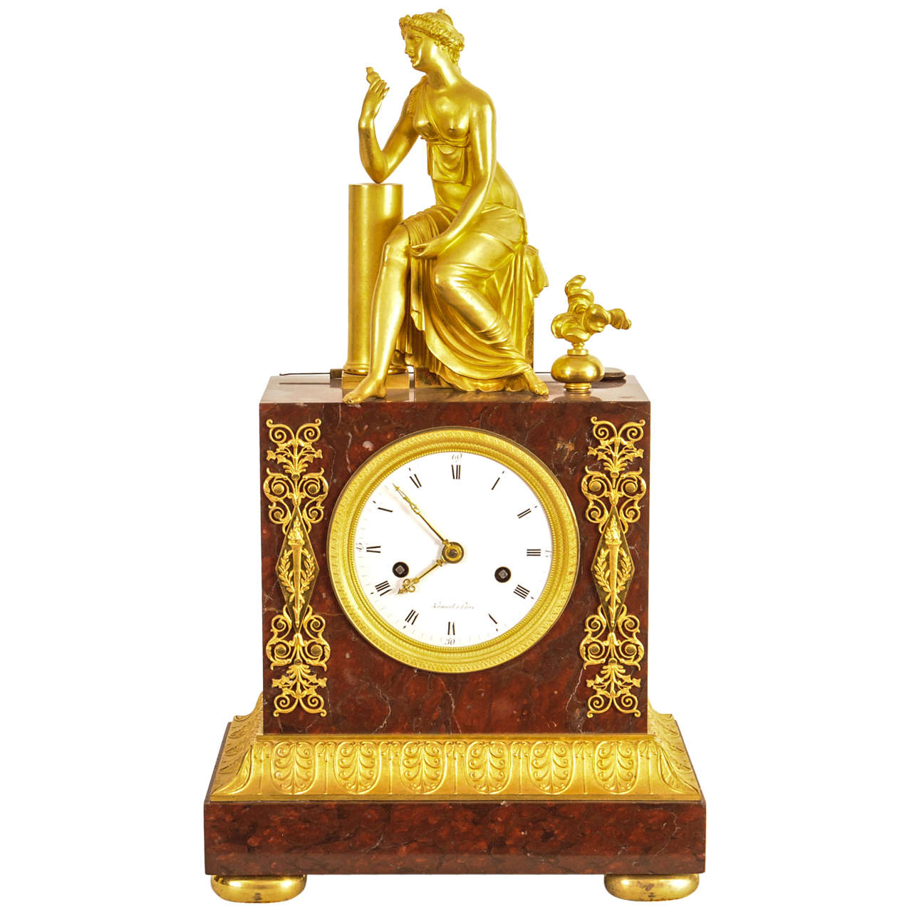 French Empire Ormolu and 'Griotte Rouge' Marble Mantel Clock, circa 1810 For Sale