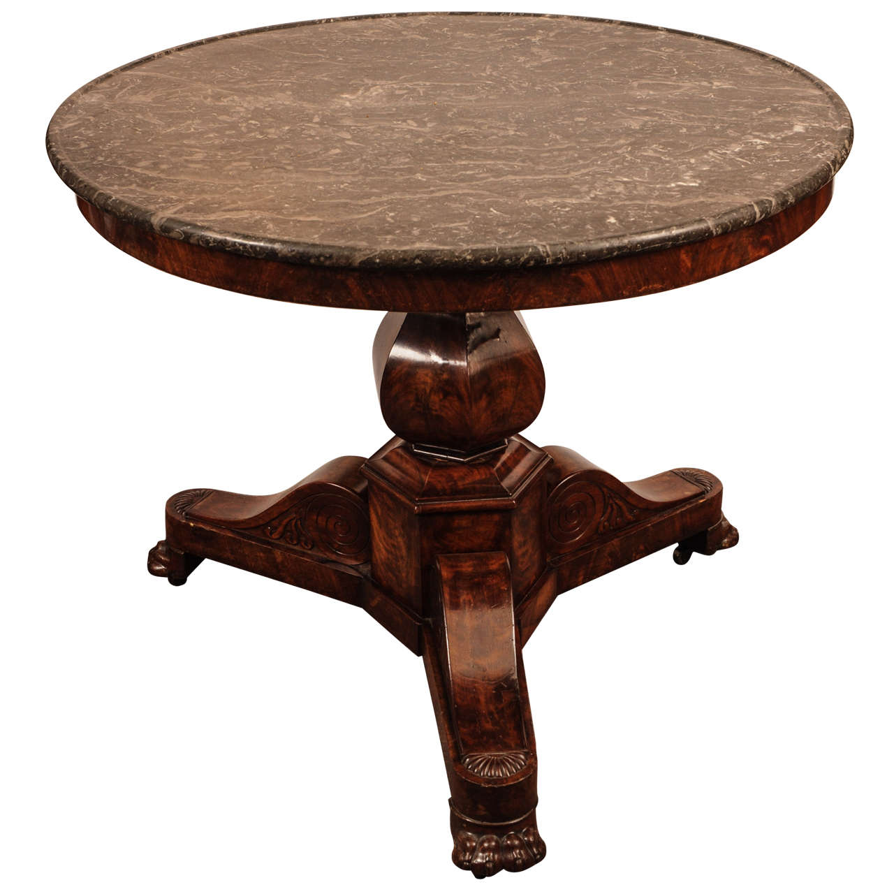 French Charles X Mahogany Center Table with Marble Top, circa 1830 For Sale