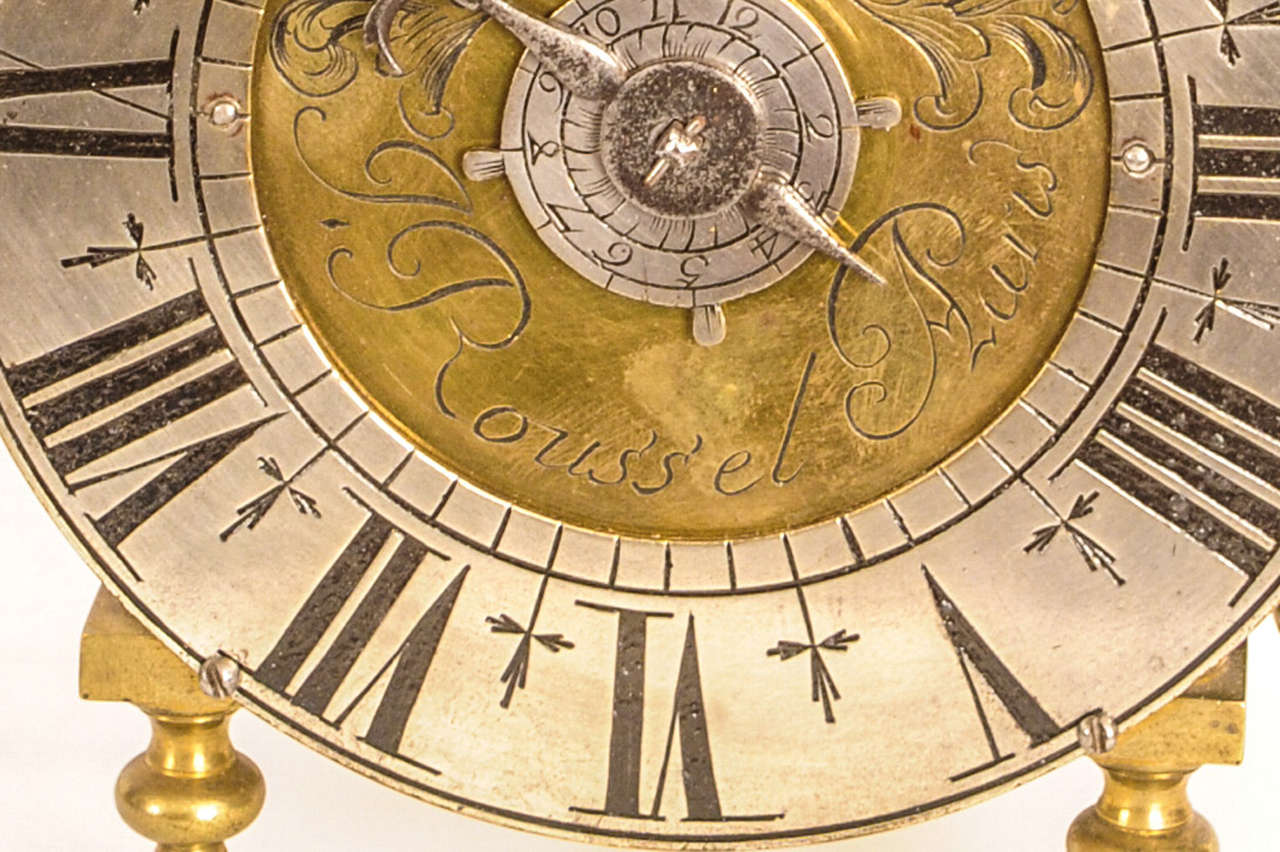 Louis XIV A Small French Brass alarm Lantern Clock, J. Roussel a Paris, circa 1730 For Sale