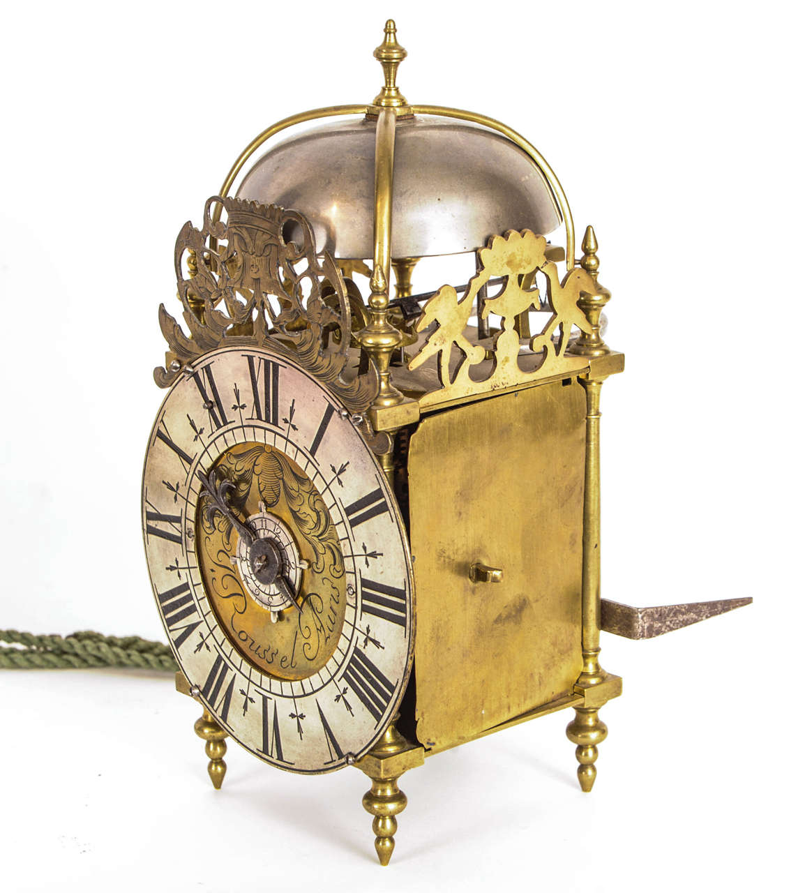 18th Century and Earlier A Small French Brass alarm Lantern Clock, J. Roussel a Paris, circa 1730 For Sale