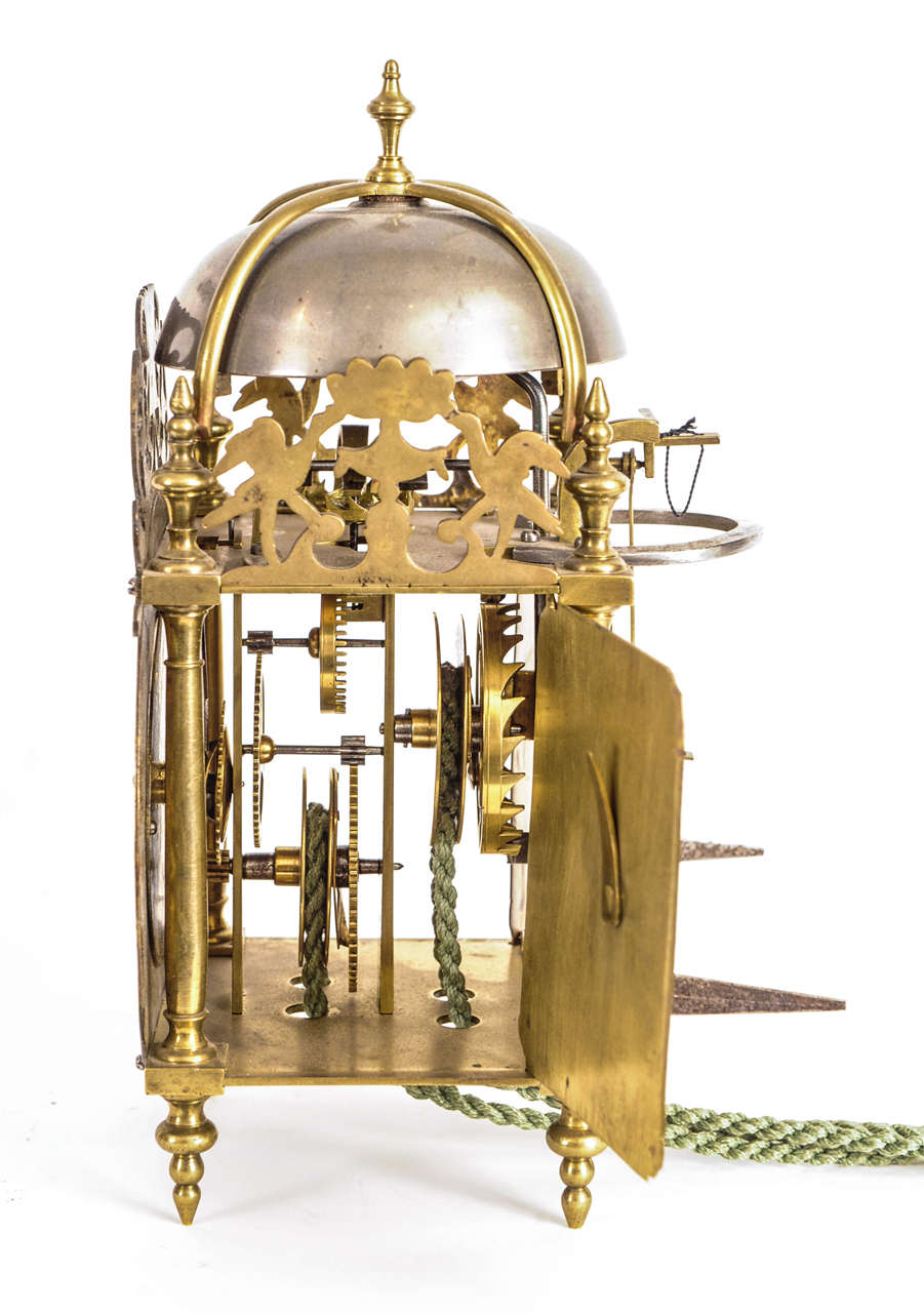 A Small French Brass alarm Lantern Clock, J. Roussel a Paris, circa 1730 For Sale 2