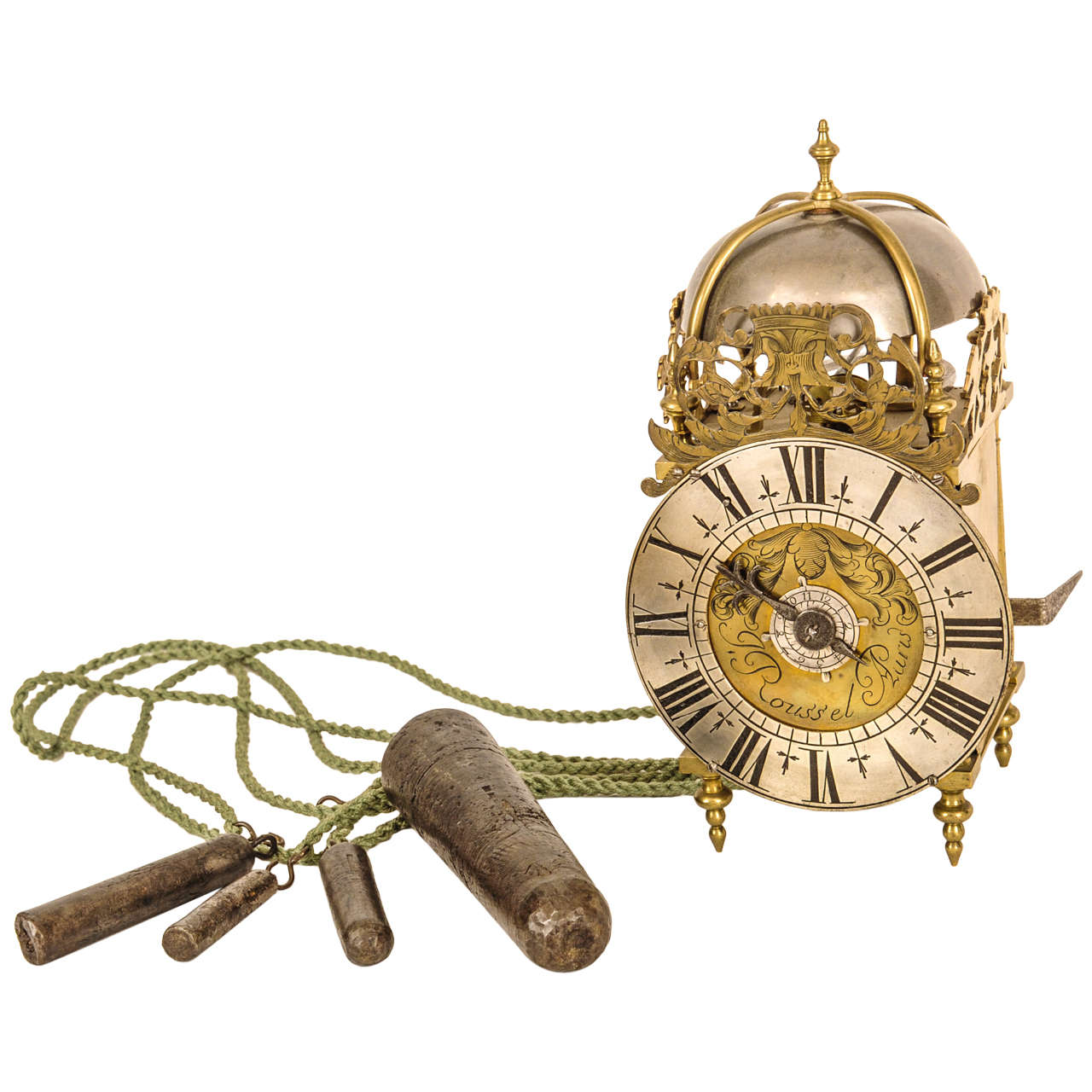 A Small French Brass alarm Lantern Clock, J. Roussel a Paris, circa 1730 For Sale