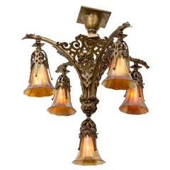Victorian Gothic Five-Arm Chandelier with Period Art Glass Shades