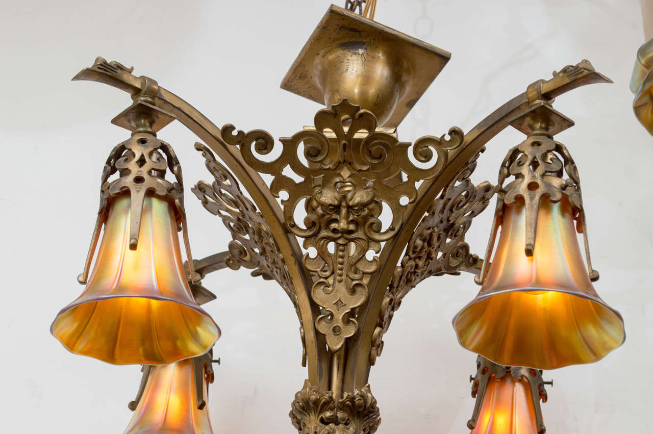 Victorian Gothic Five-Arm Chandelier with Period Art Glass Shades In Excellent Condition In Petaluma, CA