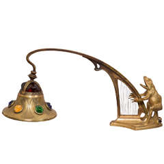 Antique Whimsical Austrian Bronze Figural Piano Lamp with Frog and Harp