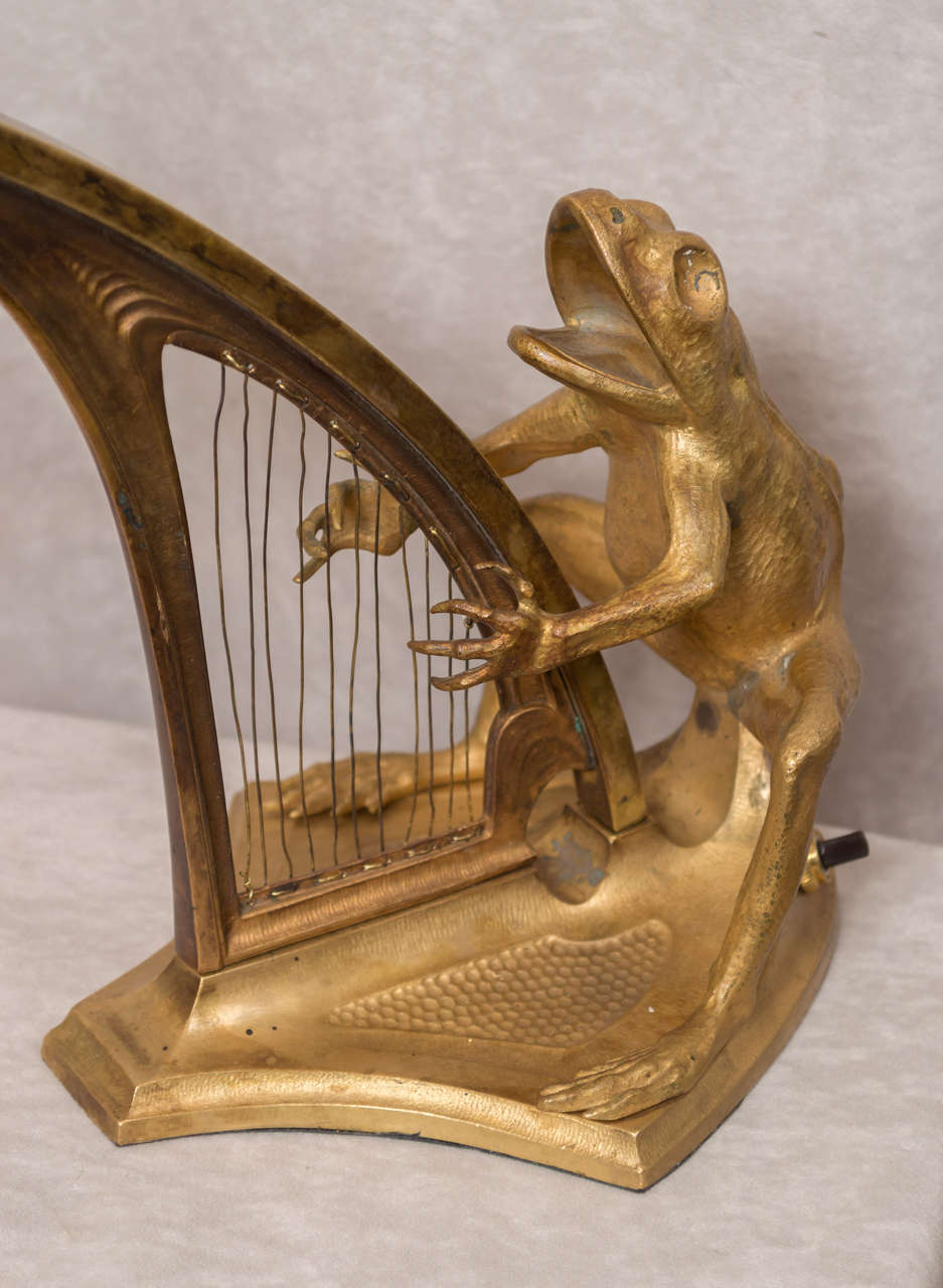 Art Nouveau Whimsical Austrian Bronze Figural Piano Lamp with Frog and Harp