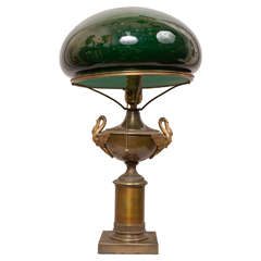 Antique Bronze Table Lamp with Swans and Original Cased Green Glass Shade