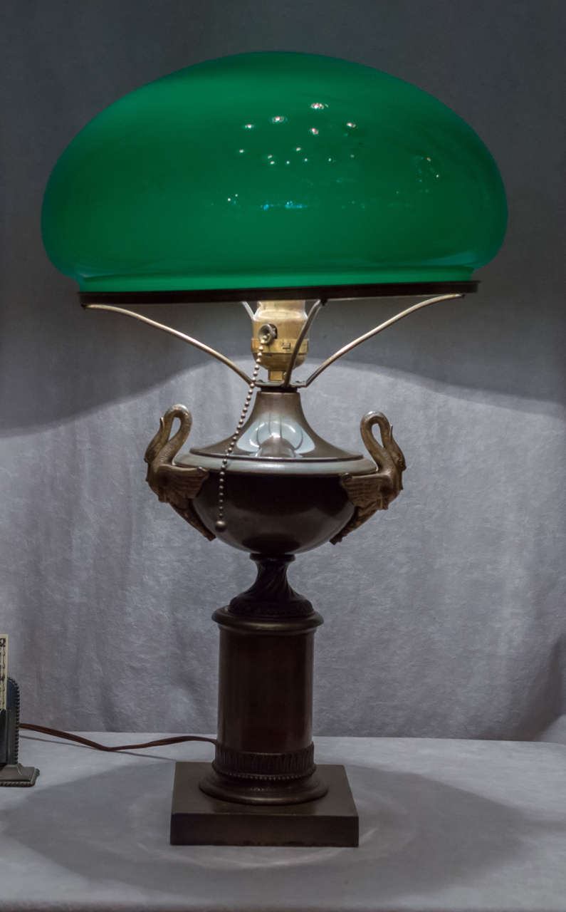 Empire Bronze Table Lamp with Swans and Original Cased Green Glass Shade
