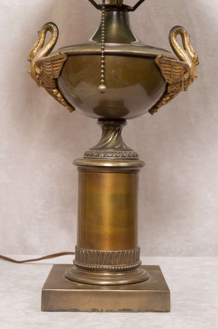 American Bronze Table Lamp with Swans and Original Cased Green Glass Shade