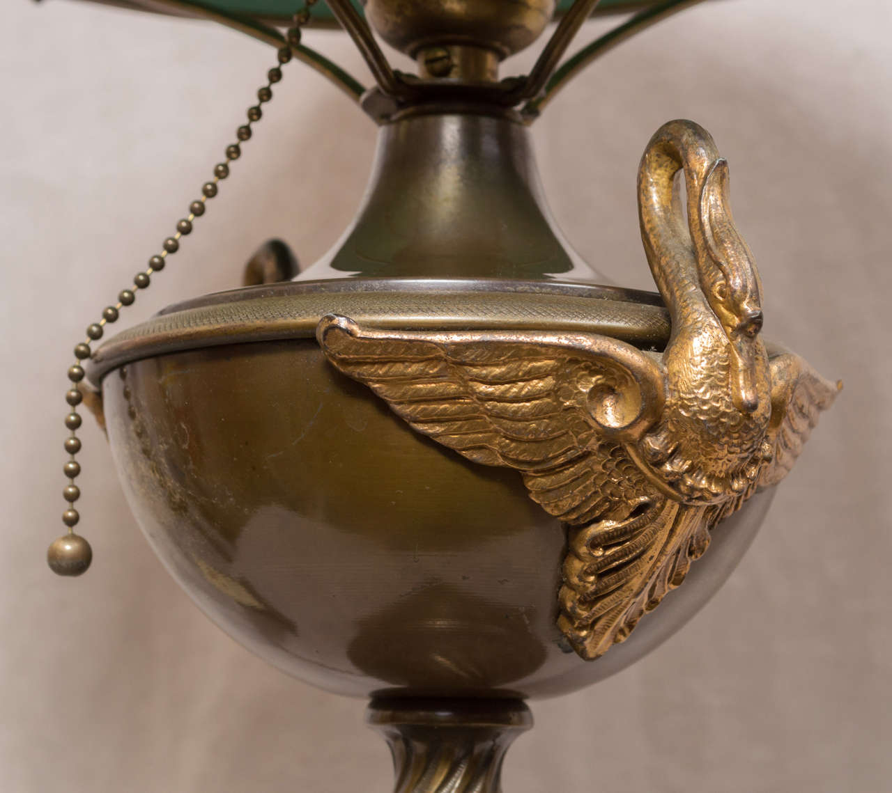 Bronze Table Lamp with Swans and Original Cased Green Glass Shade In Excellent Condition In Petaluma, CA