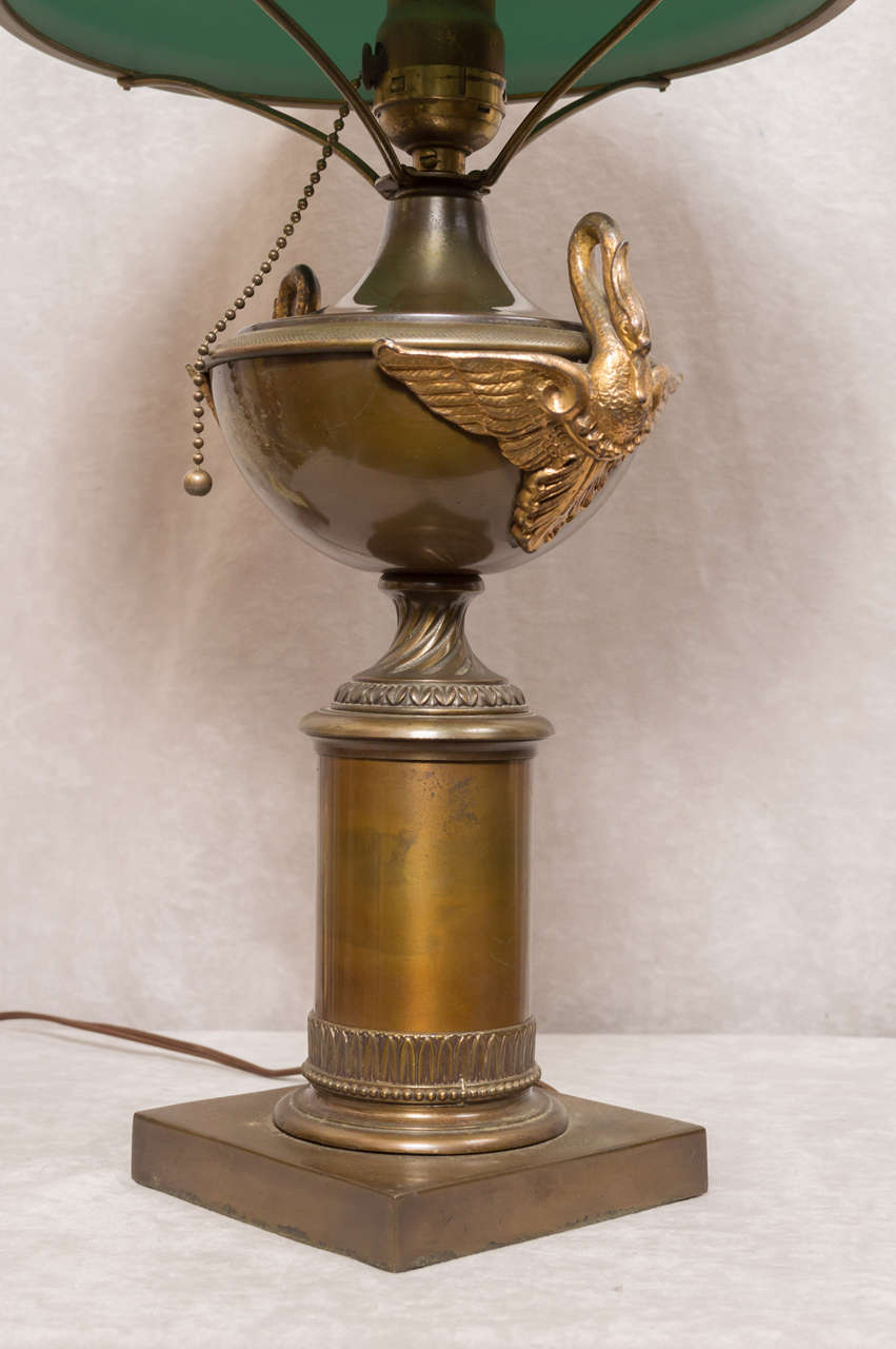 Bronze Table Lamp with Swans and Original Cased Green Glass Shade 1