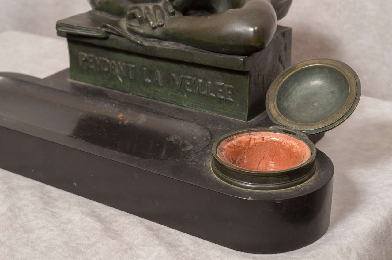 Beaux Arts Bronze and Marble Figural Inkwell of a Sleeping Boy