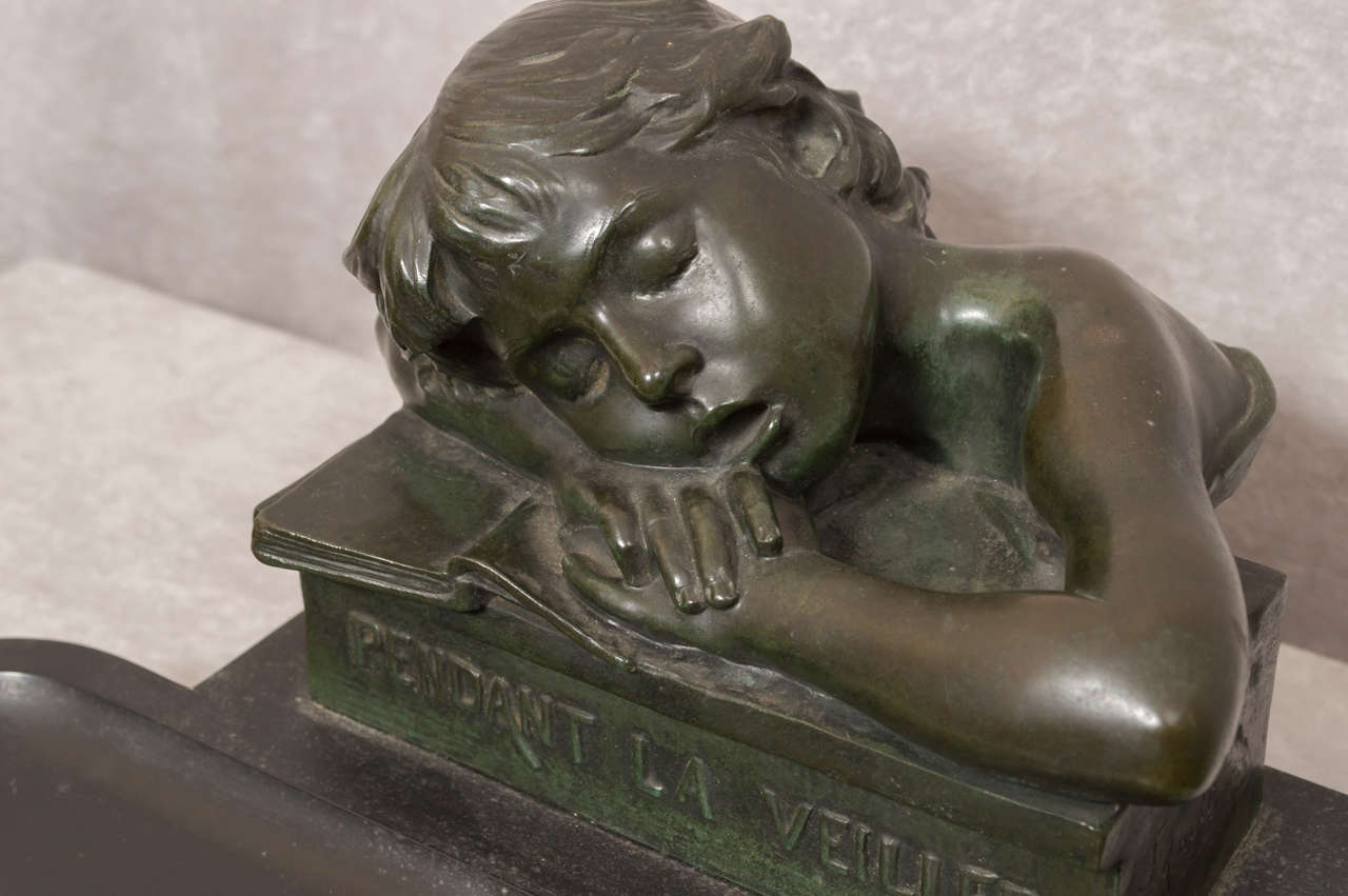 French Bronze and Marble Figural Inkwell of a Sleeping Boy