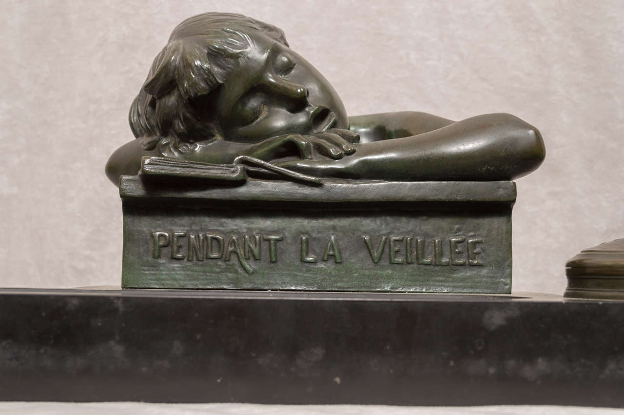 Bronze and Marble Figural Inkwell of a Sleeping Boy In Excellent Condition In Petaluma, CA