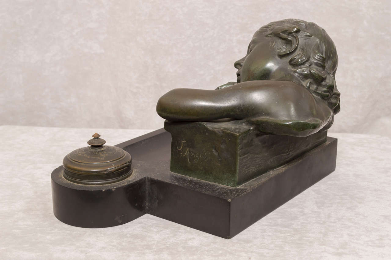 19th Century Bronze and Marble Figural Inkwell of a Sleeping Boy