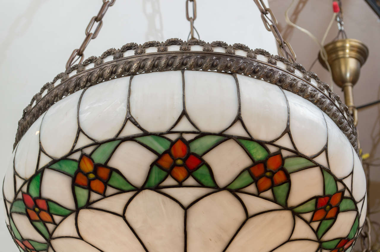 Leaded Glass Inverted Pendant Chandelier In Excellent Condition In Petaluma, CA
