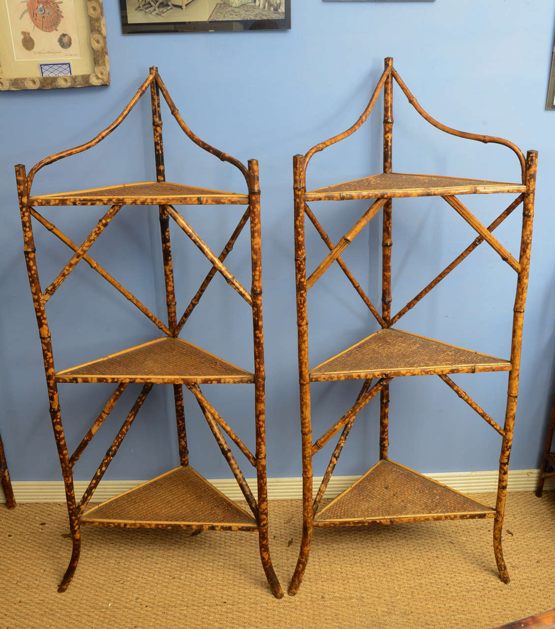 Very unusual corner etagere with tortoise bamboo and rattan.
