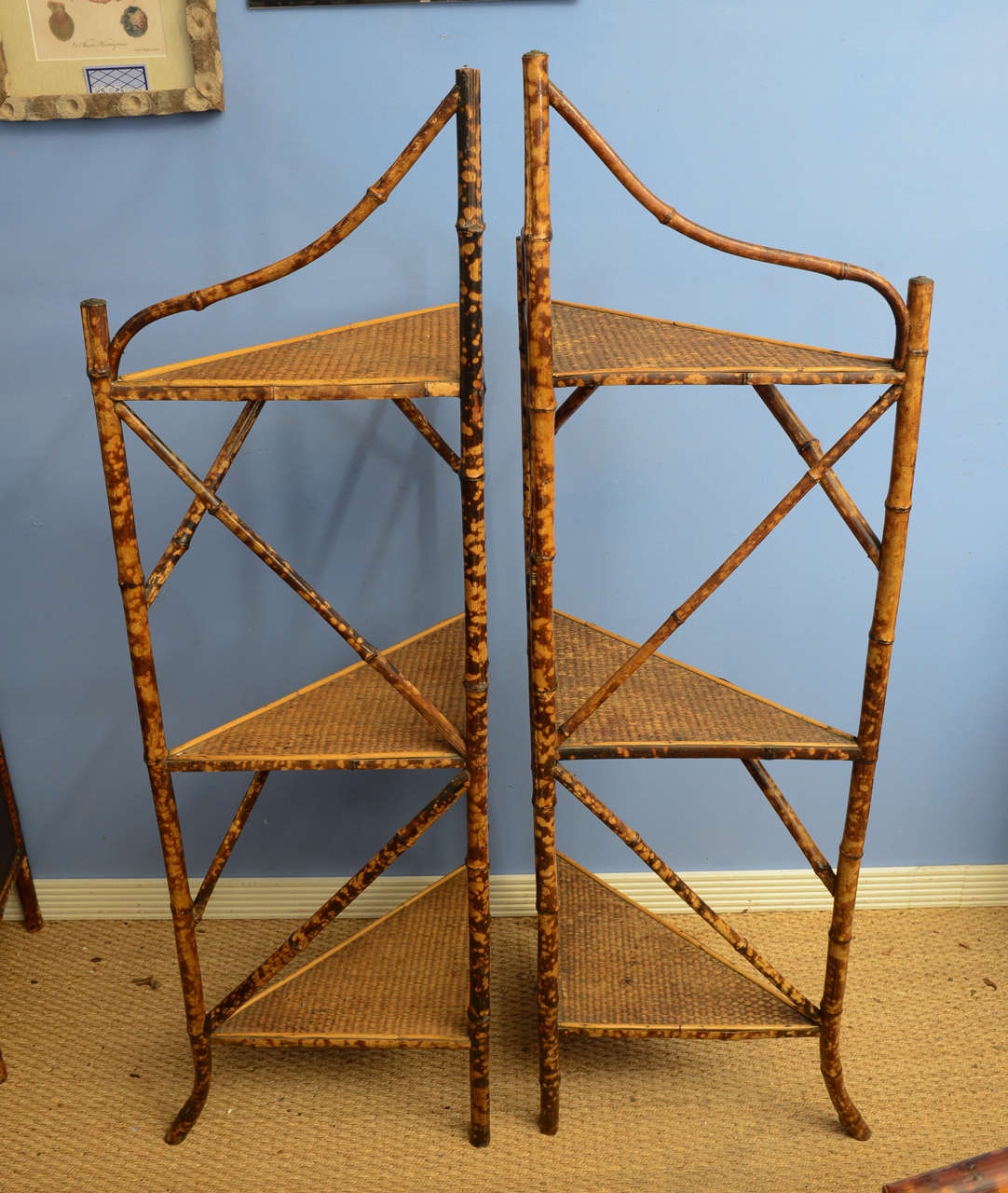 Pair of Early 20th Century English Bamboo and Rattan Corner Etageres In Excellent Condition In West Palm Beach, FL
