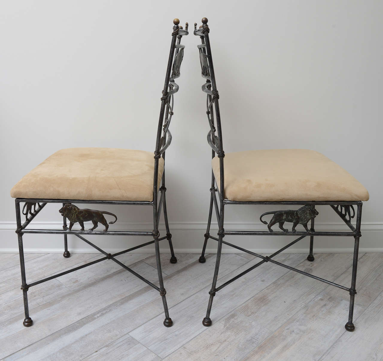 Mid-20th Century Set of Four Neoclassical Steel and Brass Side Chairs