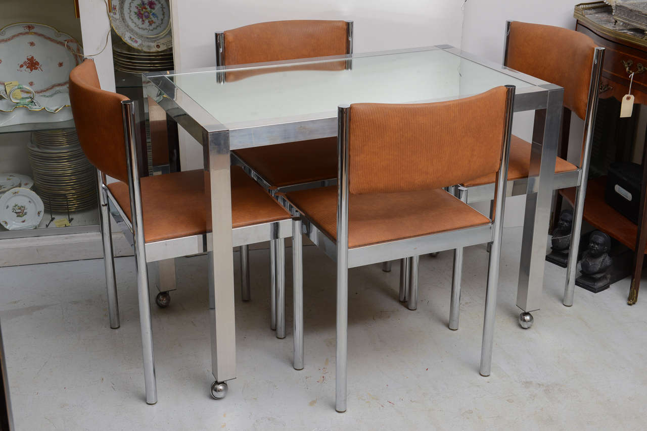 American Chrome & Glass Table With 4 Chrome Upholstered Chairs Dinette Set