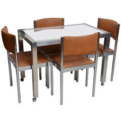 Retro Chrome & Glass Table With 4 Chrome Upholstered Chairs Dinette Set