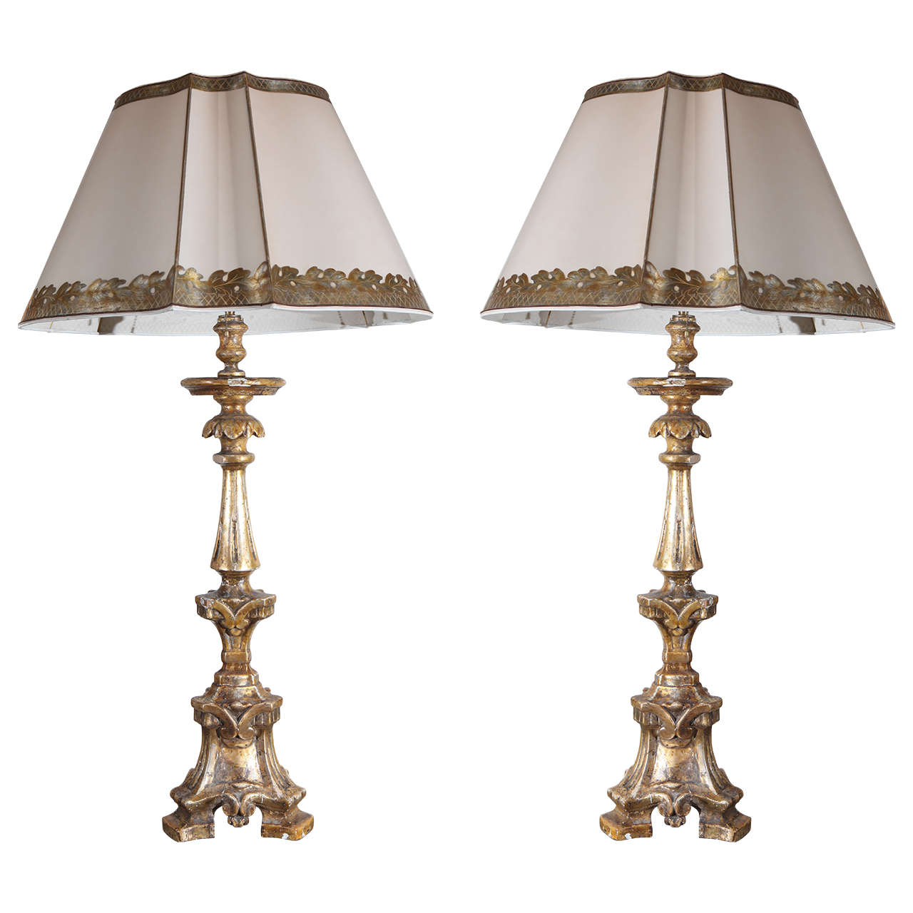 Pair of Venetian Candlesticks Wired into Lamps, White Gold Gilded, 19th Century For Sale