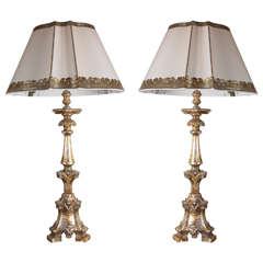 Pair of Venetian Candlesticks Wired into Lamps, White Gold Gilded, 19th Century