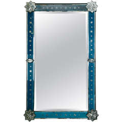 Antique End of XIXth century Venetian Mirror with Parts in Blue Decor