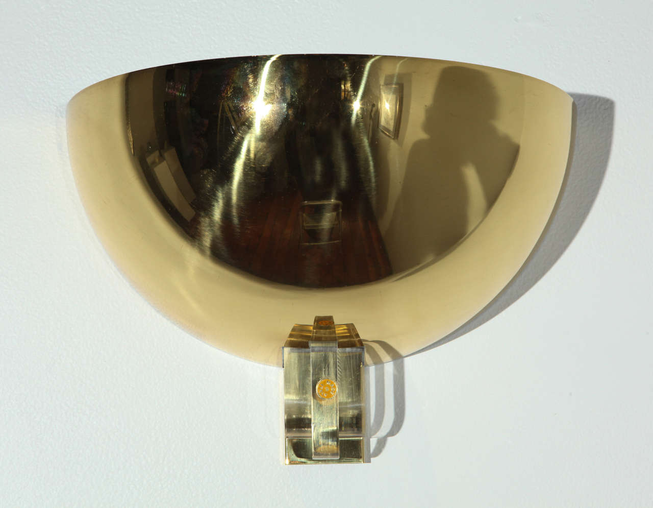 Simple Italian brass and Lucite sconce newly rewired with one standard socket. Old stock. Six pairs available.