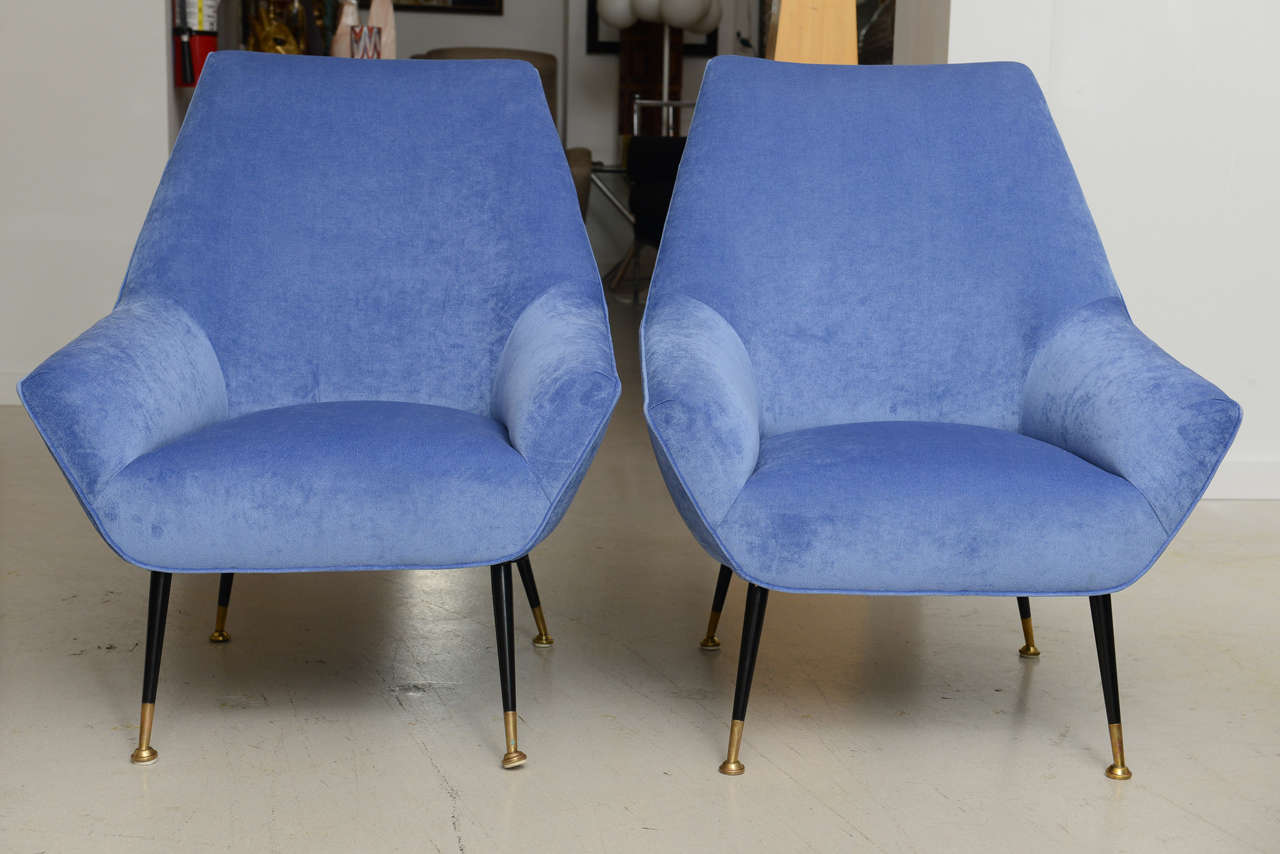 Pair of vintage mid- century modern armchairs made in Italy ----with new periwinkle blue velvet fabric.