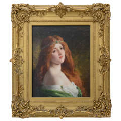 Antique Scarlet Haired Beauty Oil Painting by Jules Ballavoine