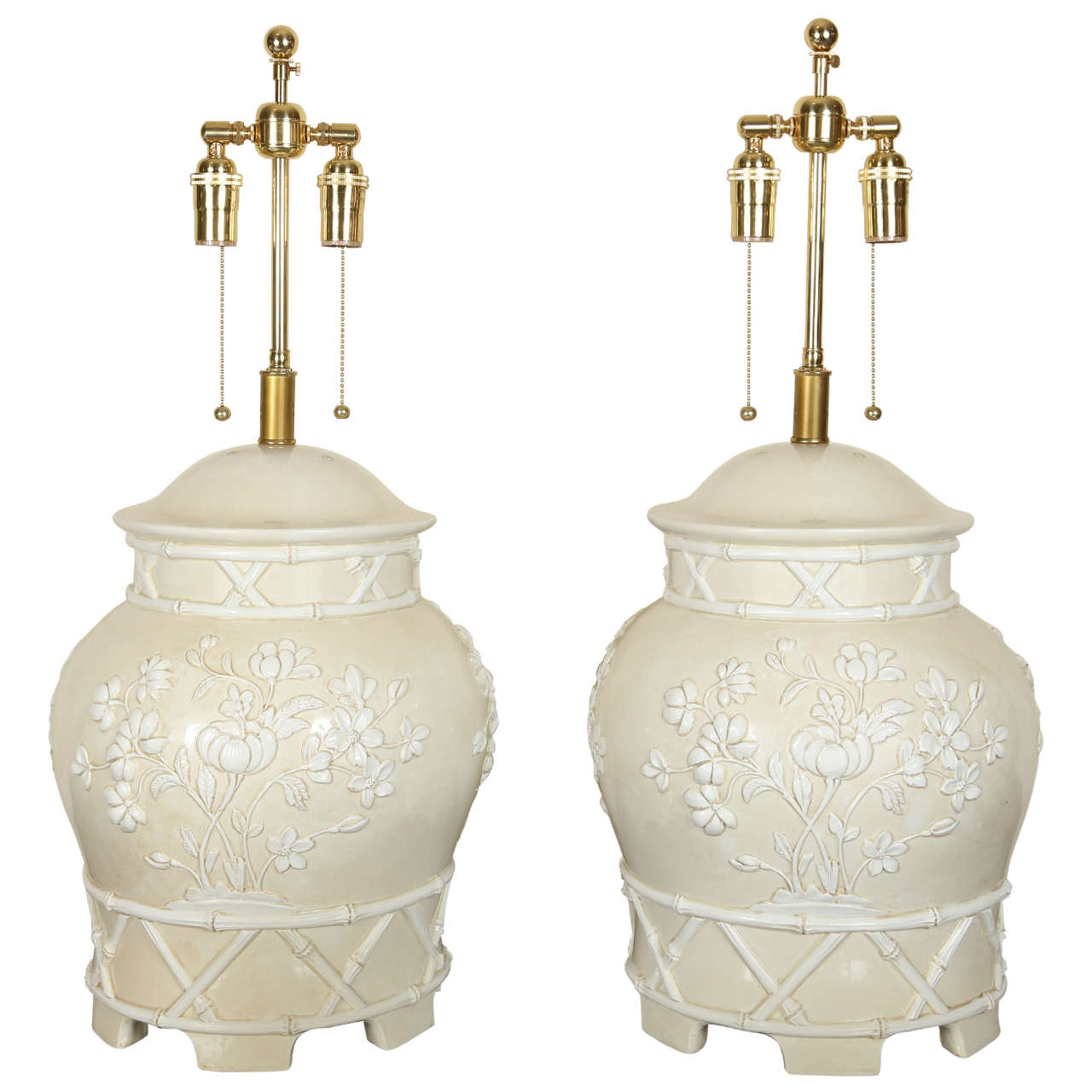 Pair of Beautiful Italian Ceramic Table Lamps with Bamboo and Flowers