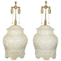 Pair of Beautiful Italian Ceramic Table Lamps with Bamboo and Flowers