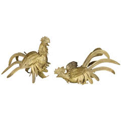 Pair of Fighting Game Cocks in Brass