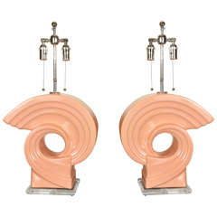 Fabulous Pair of Salmon Glazed Ceramic Table Lamps in the Deco Style