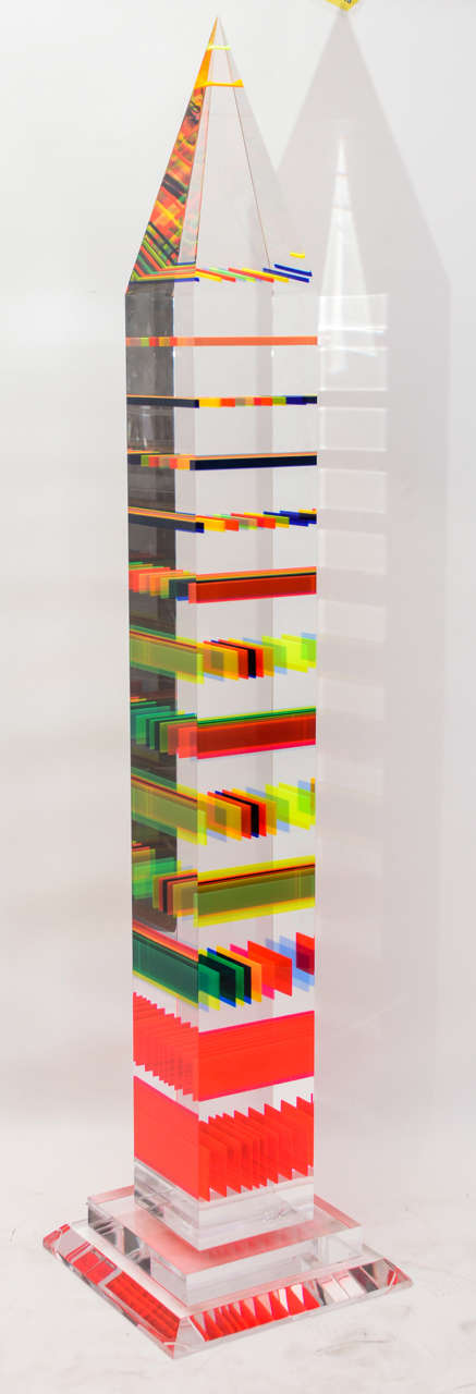 Great obelisk with inclusion of acrylic pieces under Lucite.
This is one of a kind piece.