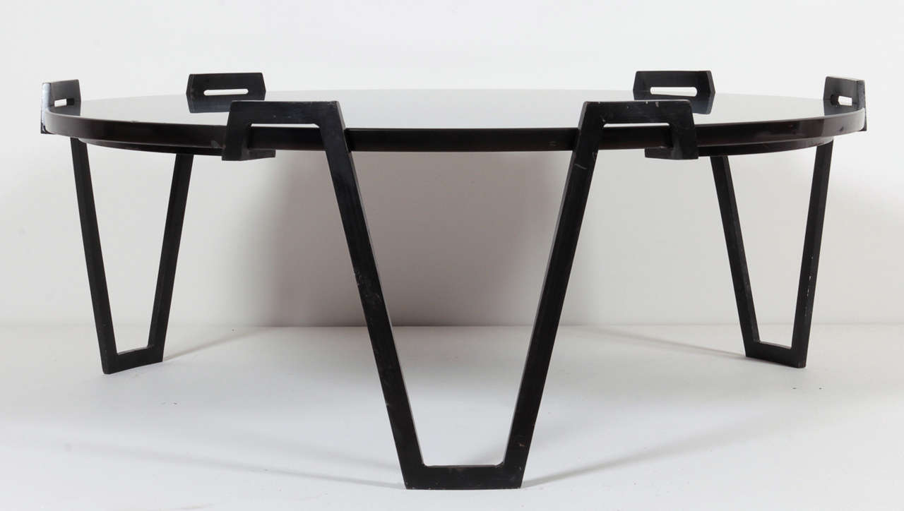 Jean Royère low table in painted and sculpted metal, with original black stone top.