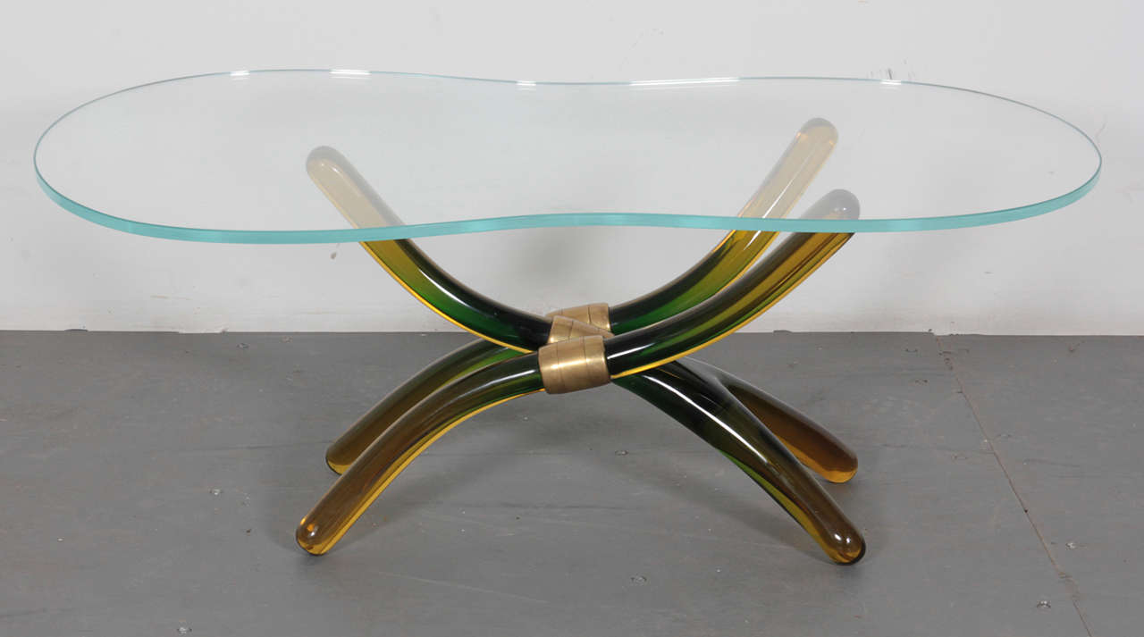 Tri-legged murano, bronze, and glass coffee table by Seguso, 1950s.