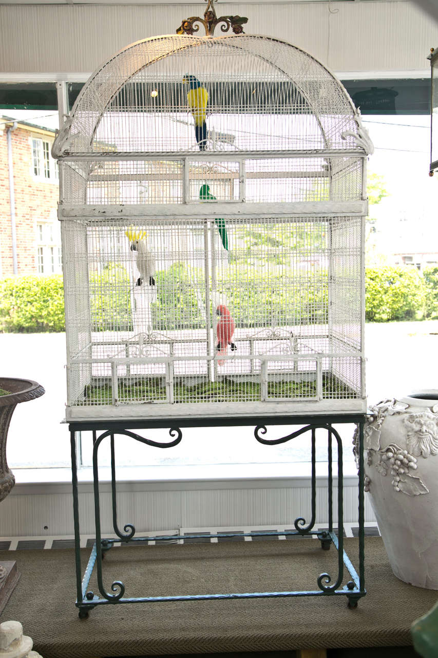 Painted White Metal Birdcage on Stand For Sale at 1stdibs